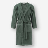 Front view of a mosstone terry cotton bathrobe, waist tie belt, and front patch pockets against a neutral background.
