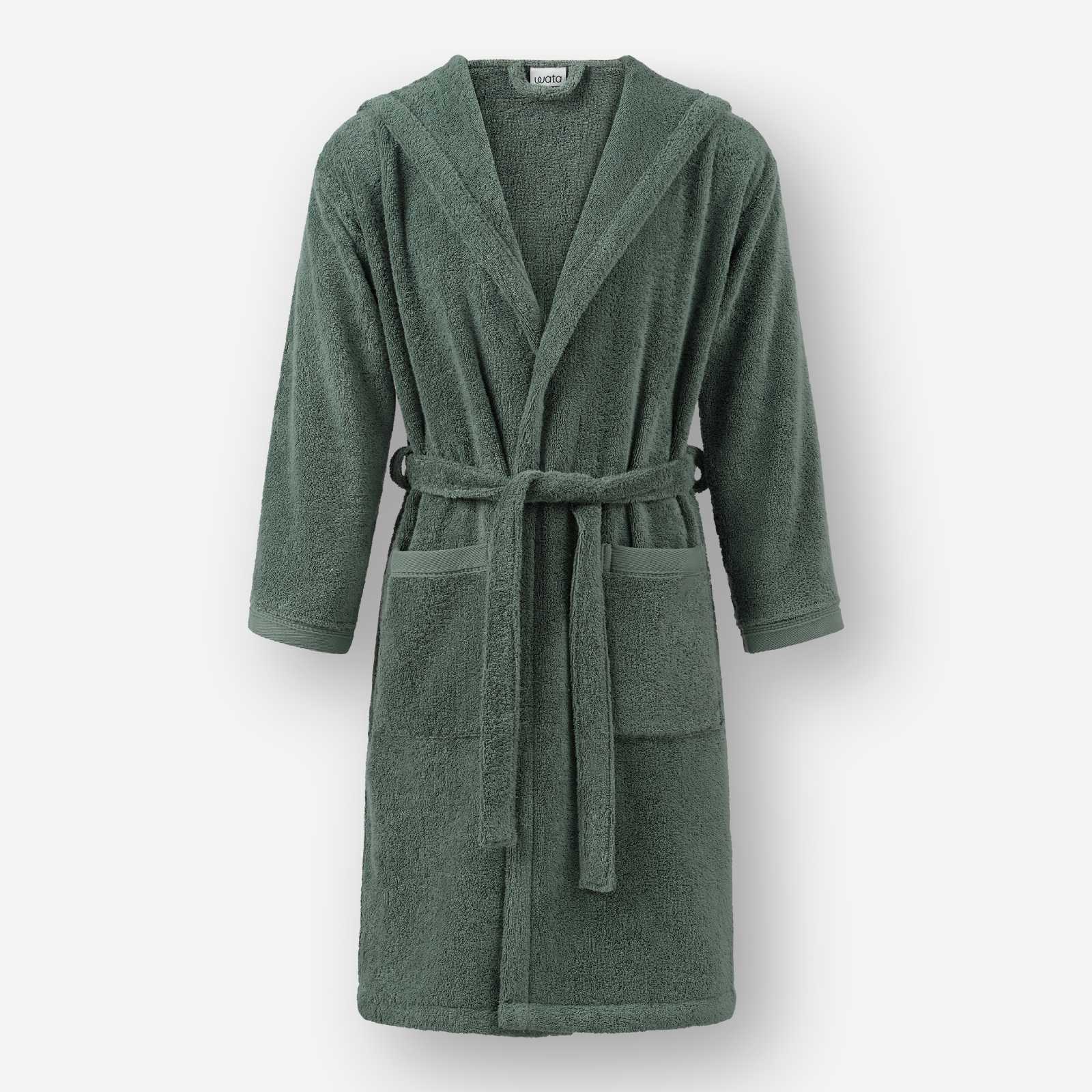Front view of a mosstone terry cotton bathrobe, waist tie belt, and front patch pockets against a neutral background.