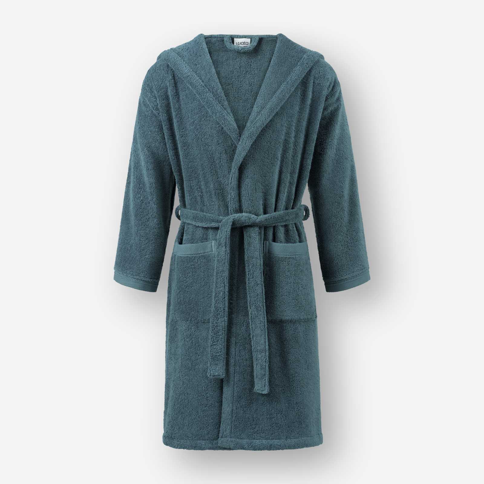 Teal hooded terry cotton bathrobe with belt and front pockets, shown against a neutral background.