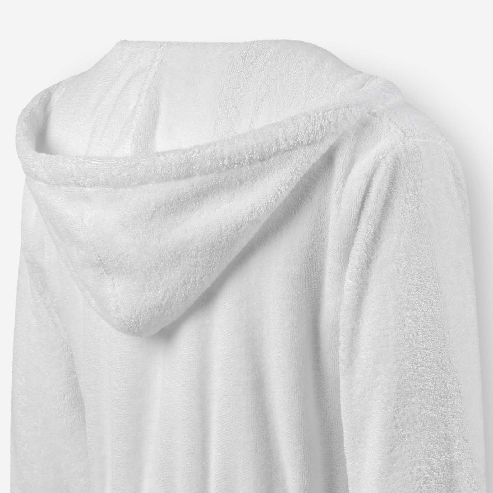 Back view highlighting the oversized hood on a white terry cotton bathrobe.