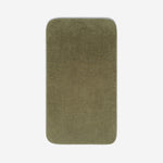 Top view of a dark olive green towel laid flat on a light background, with rounded corners and a small embroidered logo in the lower corner.