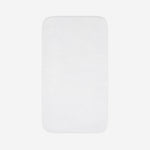 Top view of a white cotton towel laid flat with rounded corners, shown on a white background.