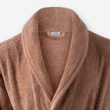 Shawl collar detail of WATA VIVO Organic Cotton bathrobe in cinnamon.