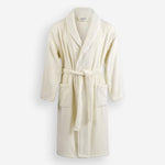 WATA VIVO Organic Cotton bathrobe in ivory, 420 GSM, shawl collar, front view.