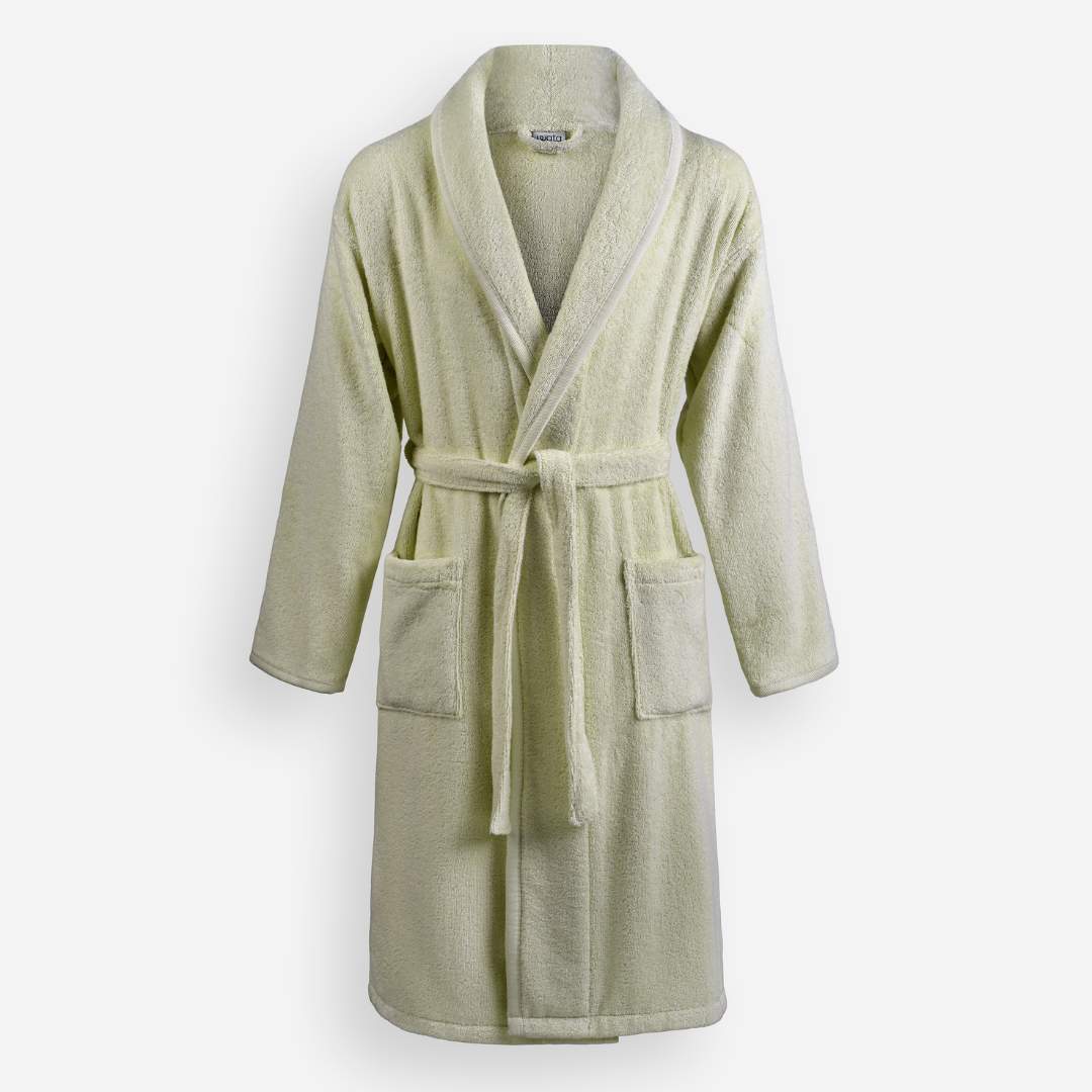 WATA VIVO Organic Cotton bathrobe in light grey, 420 GSM, shawl collar, front view.