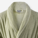 Shawl collar detail of WATA VIVO Organic Cotton bathrobe in light grey.