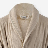 Shawl collar detail of WATA VIVO Organic Cotton bathrobe in sand.