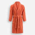 WATA VIVO Organic Cotton bathrobe in terracotta, 420 GSM, shawl collar, front view.