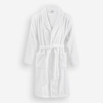 WATA VIVO Organic Cotton bathrobe in white, 420 GSM, shawl collar, front view.
