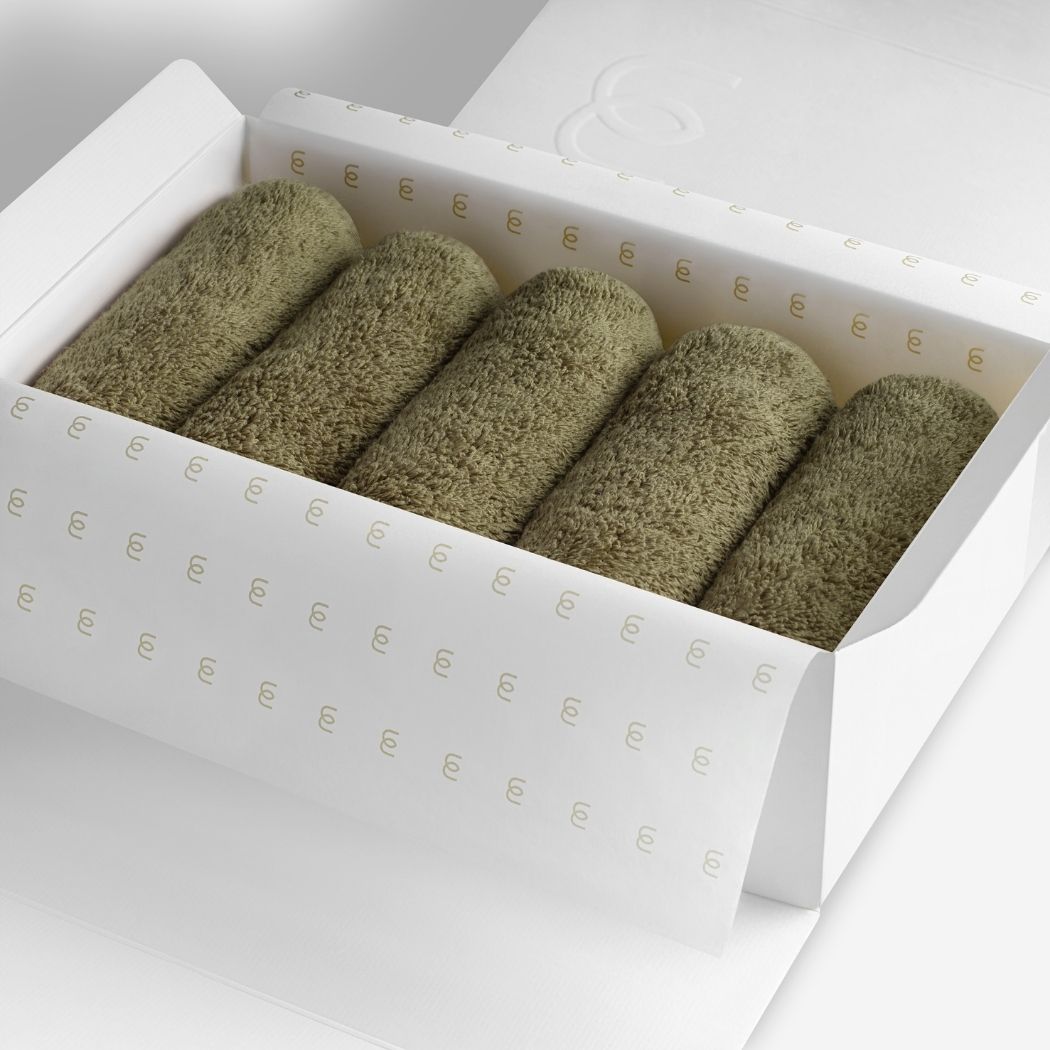 Dark olive organic cotton washcloth set.