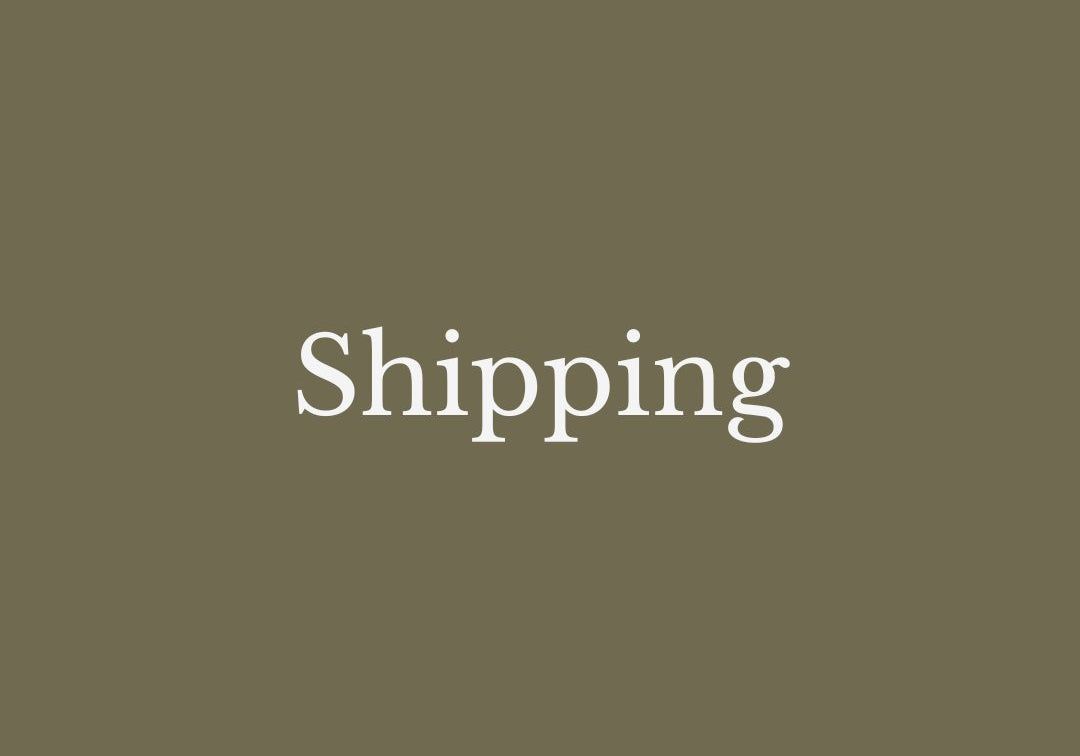 Shipping text centred on an olive green background