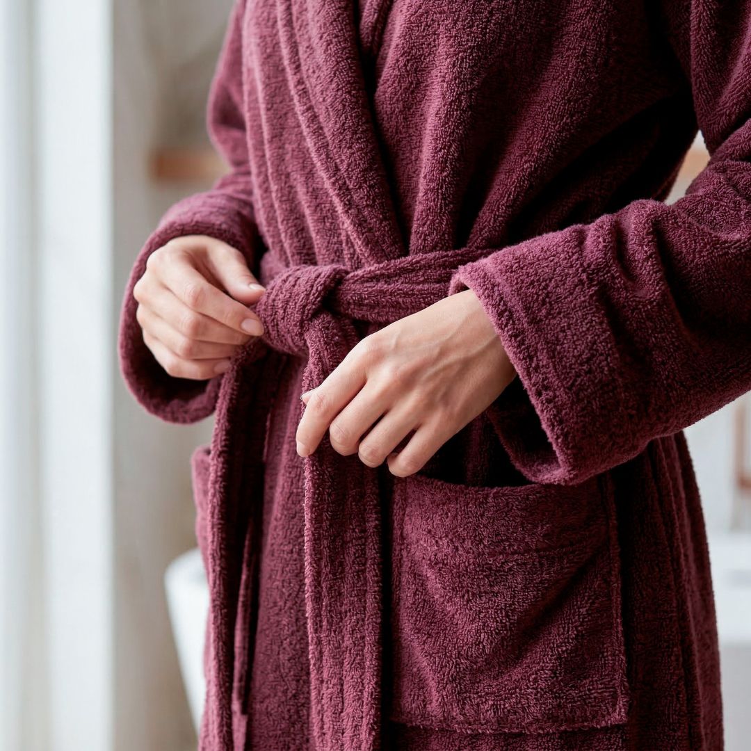 Person tying a burgundy bathrobe belt, showcasing soft texture and comfort in a bathroom setting.