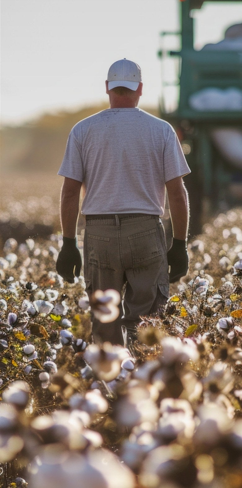 Person working in a cotton field wearing a cap and gloves.