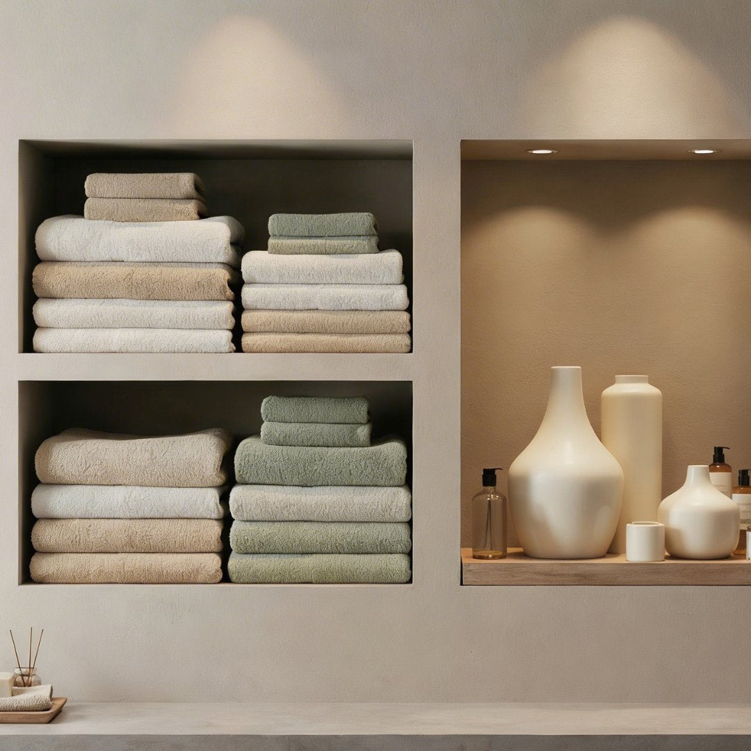 Stacks of folded towels on shelves with decorative vases in the background.
